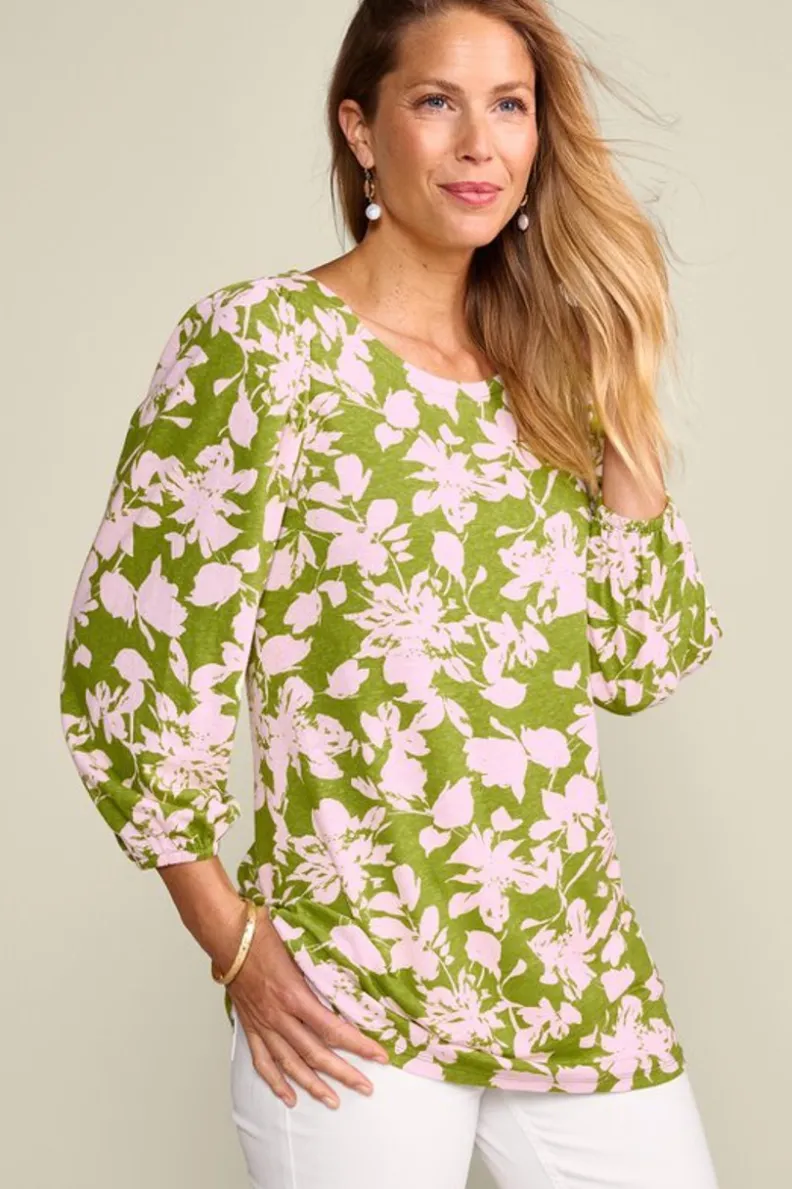 Túnicas Elegantes Soft Surroundings - Modelo Ainsley en Mezcla de Lino con Estampado Botánico en Verde, Ideal para Combinar con Leggings