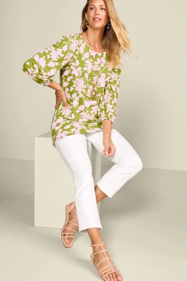 Túnicas Elegantes Soft Surroundings - Modelo Ainsley en Mezcla de Lino con Estampado Botánico en Verde, Ideal para Combinar con Leggings