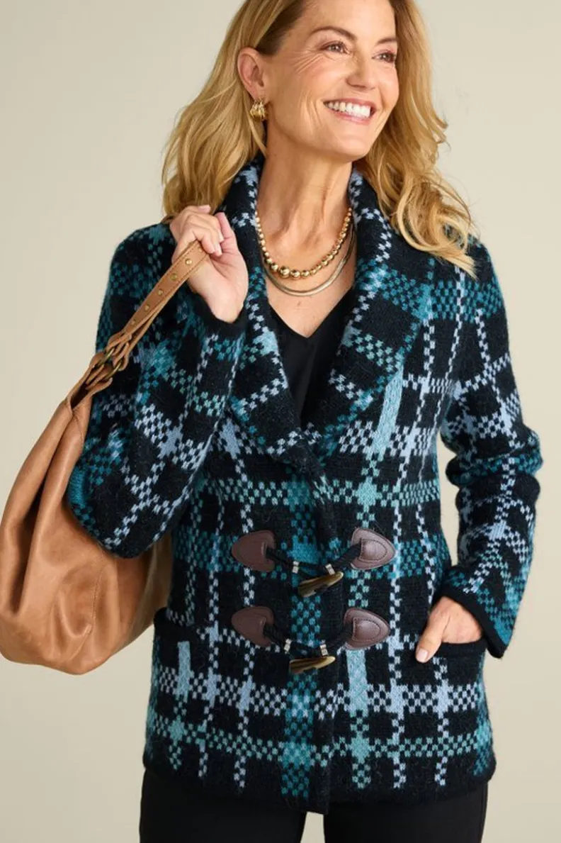 Chaqueta de invierno acogedora Soft Surroundings - Abrigo de punto alpino con cuadros otoñales naturales