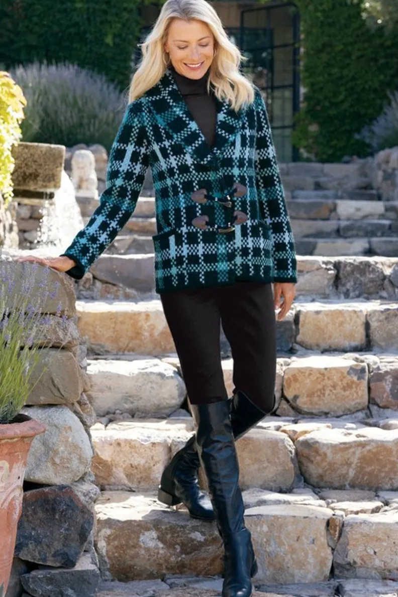 Chaqueta de invierno acogedora Soft Surroundings - Abrigo de punto alpino con cuadros otoñales naturales