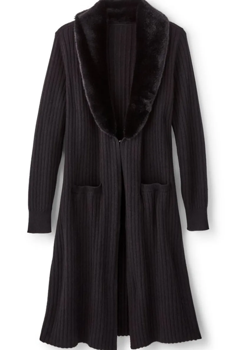 Cárdigan Amalie de Soft Surroundings - Abrigo elegante con cuello de piel sintética y textura acanalada en negro para invierno