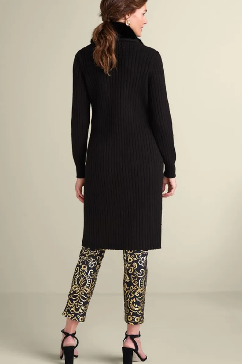 Cárdigan Amalie de Soft Surroundings - Abrigo elegante con cuello de piel sintética y textura acanalada en negro para invierno