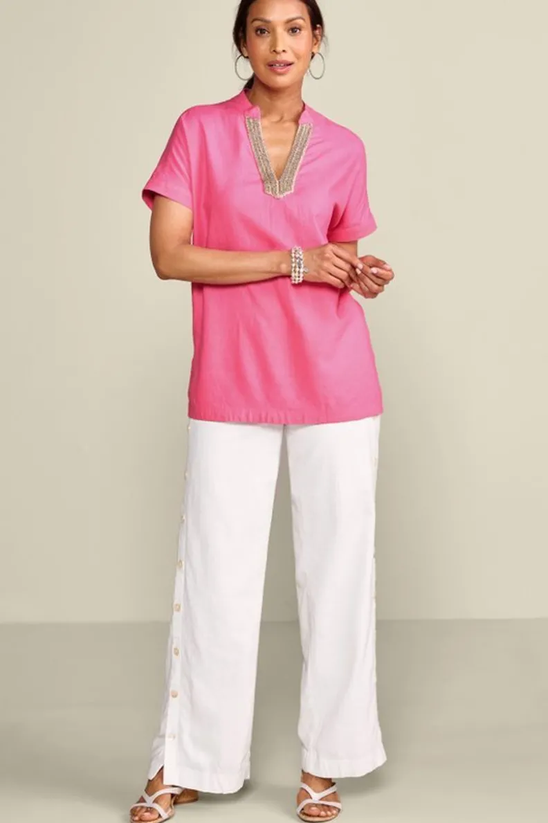 Túnicas Casuales Soft Surroundings - Modelo Annalise en Mezcla de Lino Color Azalea | Blusas Holgadas y Leggings Coordinados