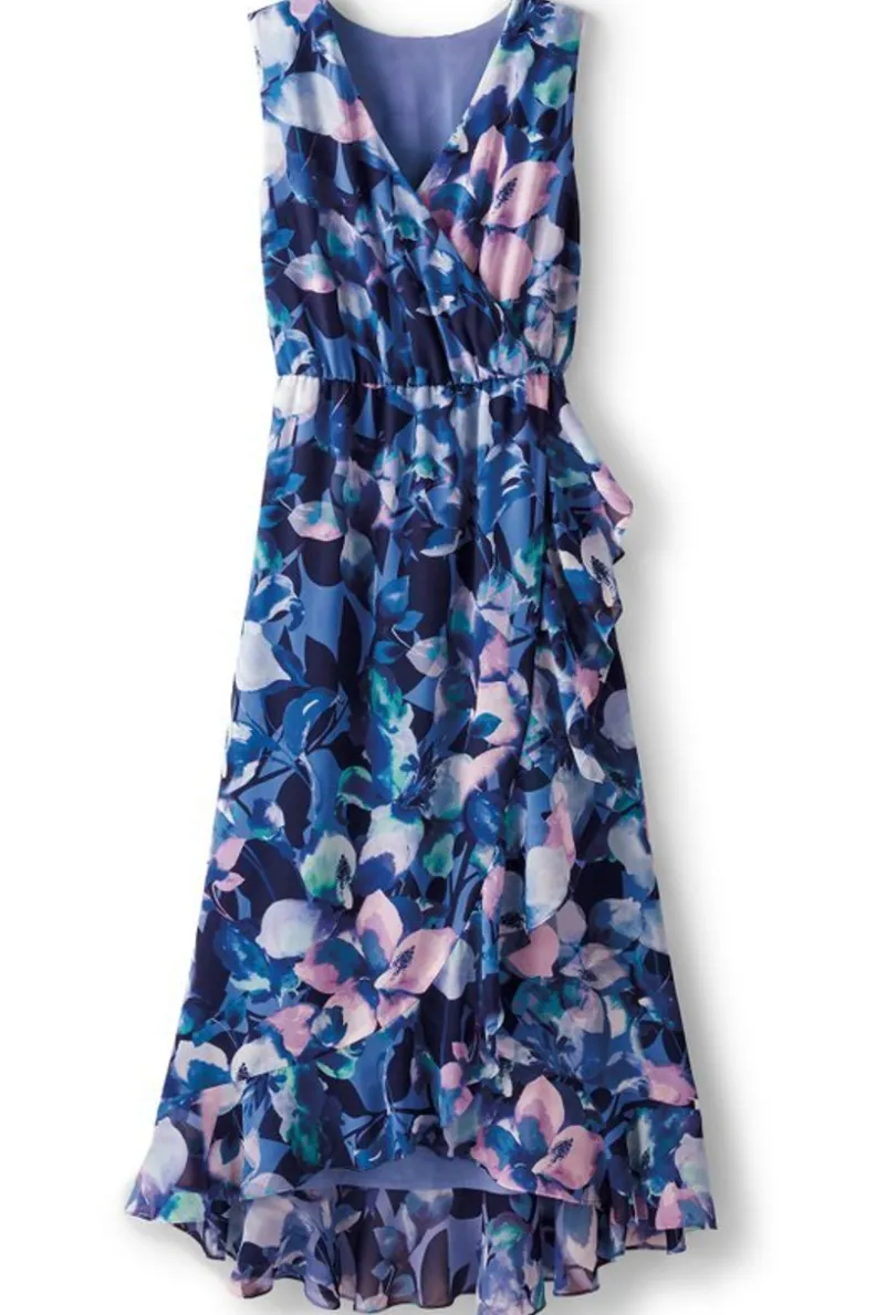 Vestido largo Ashlyn de Soft Surroundings - Estampado floral en tonos violetas y malva con detalles elegantes