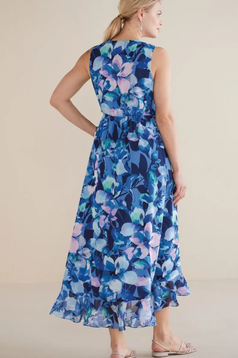 Vestido largo Ashlyn de Soft Surroundings - Estampado floral en tonos violetas y malva con detalles elegantes