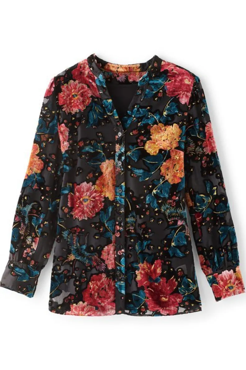 Tops by Soft Surroundings - Túnica Otoñal en Terciopelo Suave con Detalles en Negro y Multicolor