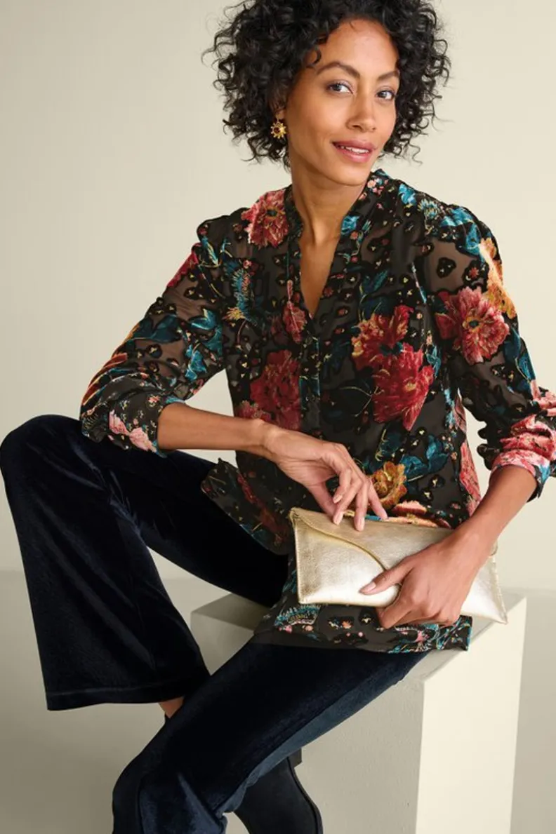 Tops by Soft Surroundings - Túnica Otoñal en Terciopelo Suave con Detalles en Negro y Multicolor