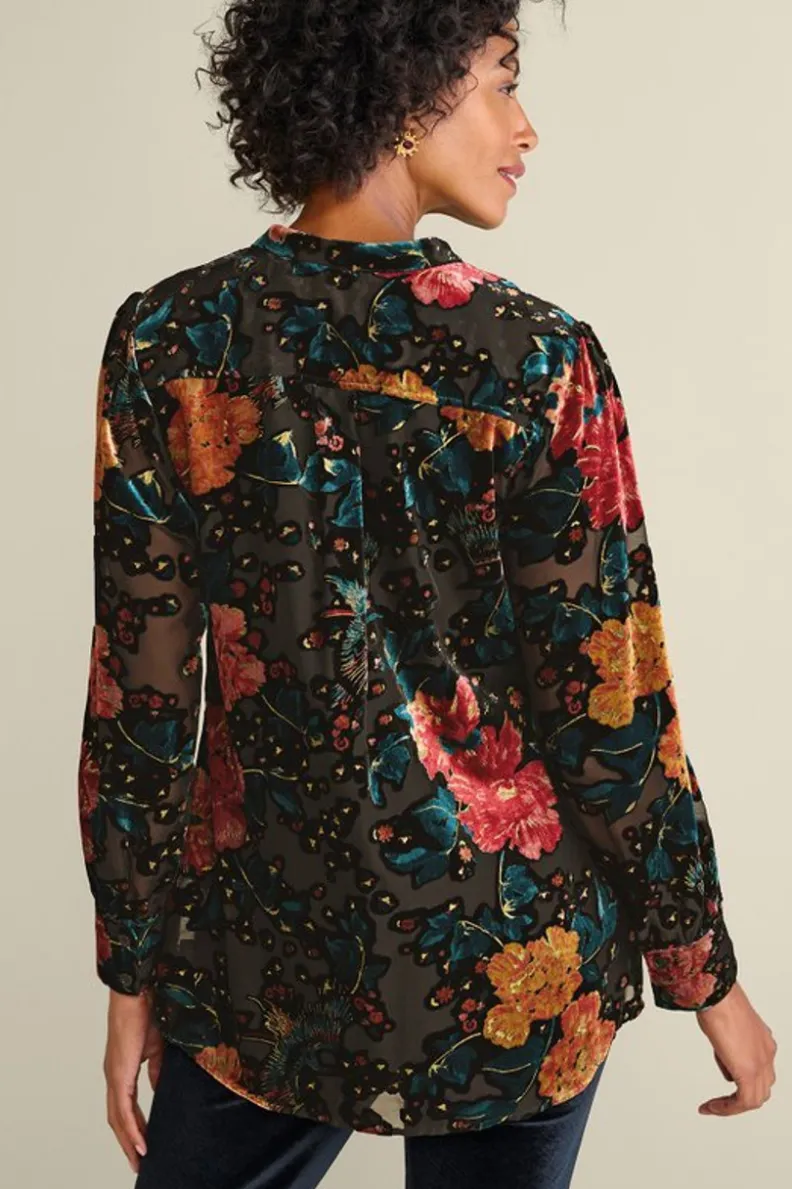 Tops by Soft Surroundings - Túnica Otoñal en Terciopelo Suave con Detalles en Negro y Multicolor