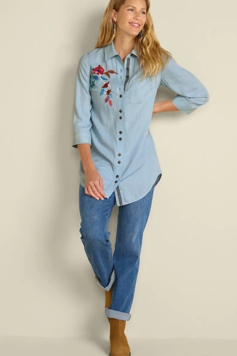 Túnicas Elegantes Soft Surroundings · Conjunto Aveline en Tencel™ con Detalles en Chambray Claro · Ideal para Combinar con Leggings · Diseño Cómodo y Versátil