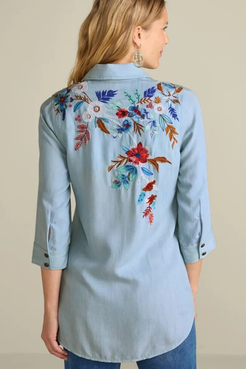 Túnicas Elegantes Soft Surroundings · Conjunto Aveline en Tencel™ con Detalles en Chambray Claro · Ideal para Combinar con Leggings · Diseño Cómodo y Versátil