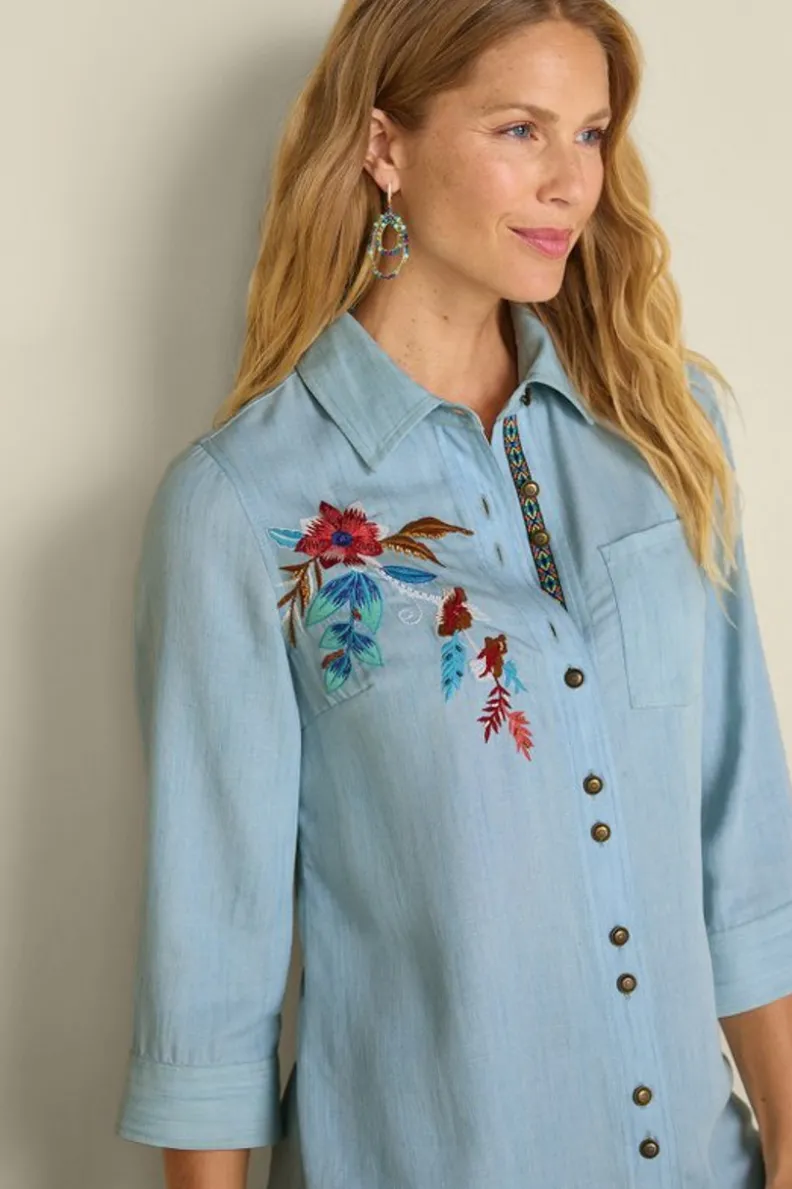 Túnicas Elegantes Soft Surroundings · Conjunto Aveline en Tencel™ con Detalles en Chambray Claro · Ideal para Combinar con Leggings · Diseño Cómodo y Versátil
