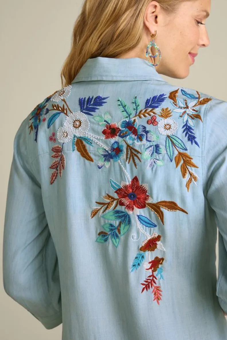 Túnicas Elegantes Soft Surroundings · Conjunto Aveline en Tencel™ con Detalles en Chambray Claro · Ideal para Combinar con Leggings · Diseño Cómodo y Versátil