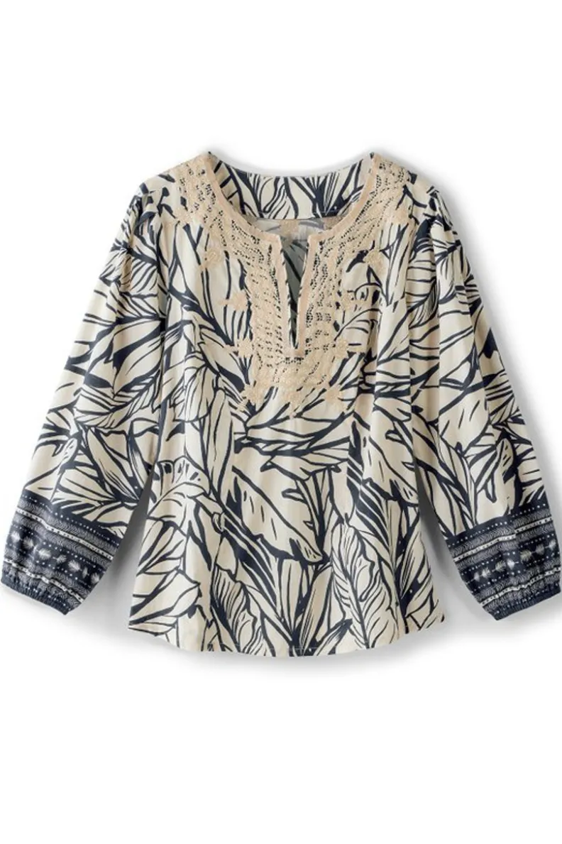 Blusa Bellamy de Soft Surroundings - Diseño PaoloPalm con Detalle Bordado Osasco en Tejido Ultra Suave
