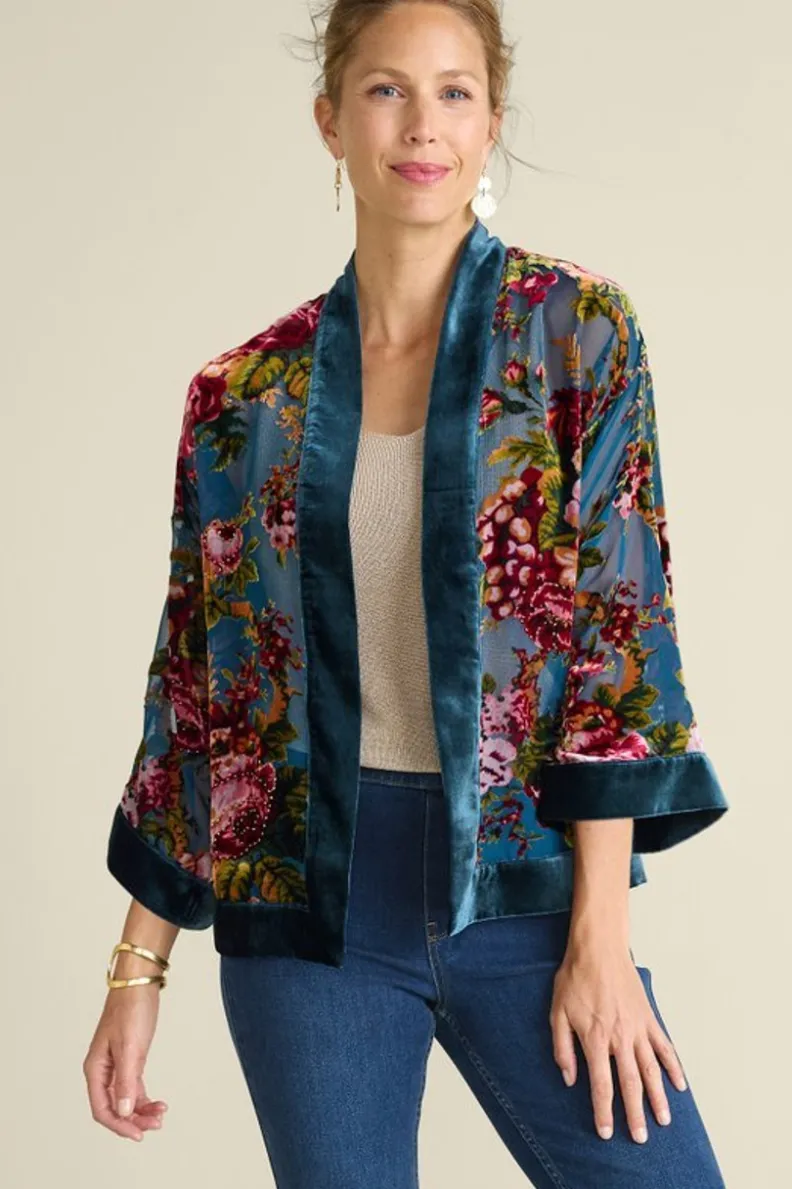 Chaleco abrigo Bercy en terciopelo suave - Diseño floral quemado Jardín de Rosas | Colección Soft Surroundings