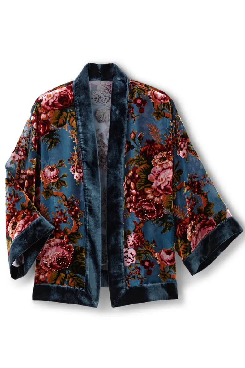 Chaleco abrigo Bercy en terciopelo suave - Diseño floral quemado Jardín de Rosas | Colección Soft Surroundings