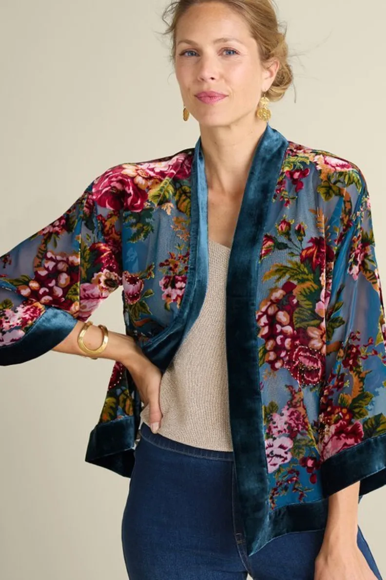 Chaleco abrigo Bercy en terciopelo suave - Diseño floral quemado Jardín de Rosas | Colección Soft Surroundings
