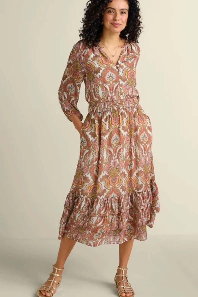Vestido Midí Betsey de Soft Surroundings | Elegancia con Bufanda Global en Tono Crema Coral