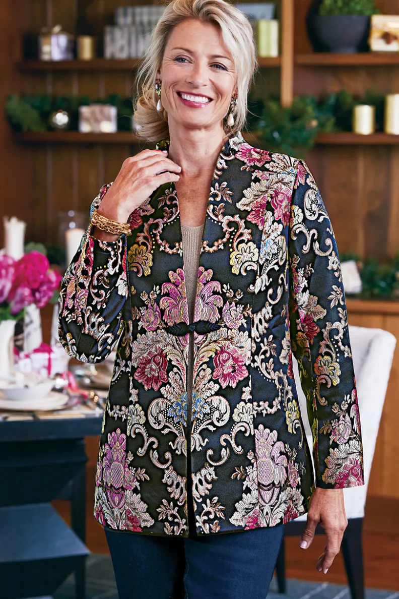 Chaqueta Jacquard Branca con Estampado Barroco en Rosa - Abrigos Elegantes de Soft Surroundings