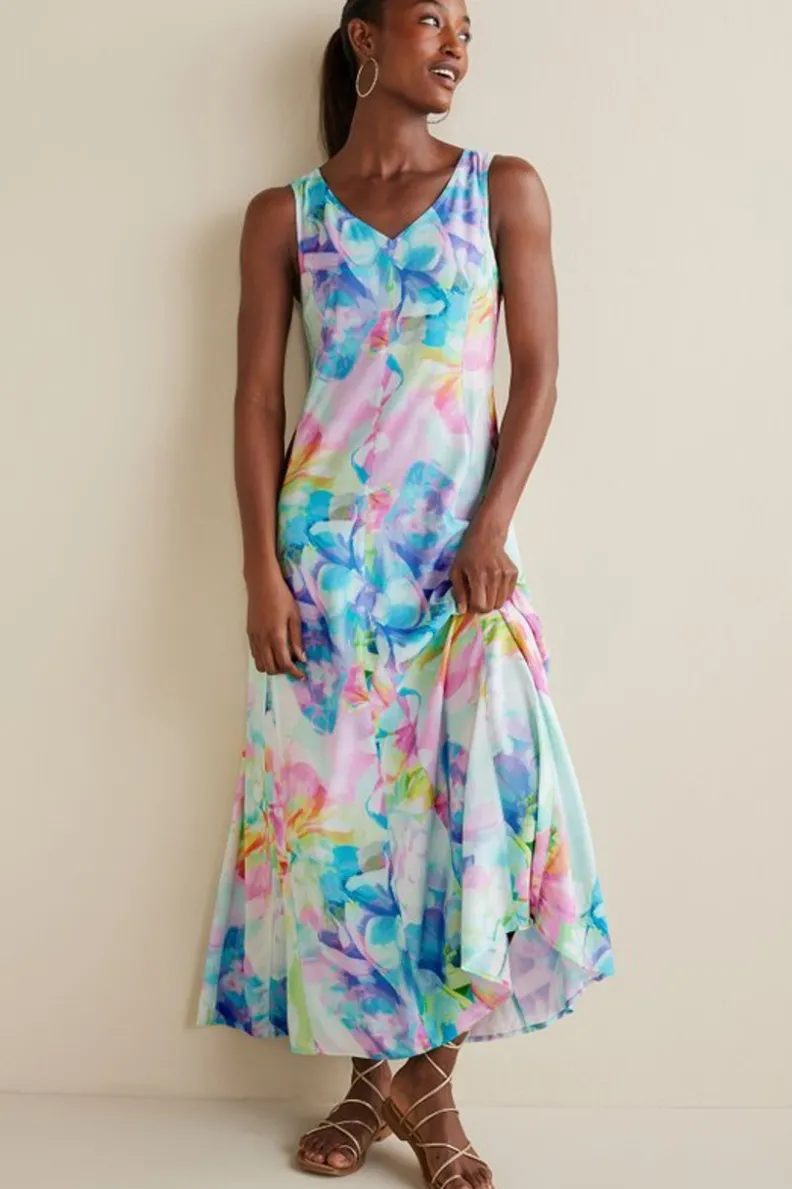 Vestido Largo Brenda de Entornos Suaves - Estampado Artístico Multifloral con Confección Ligera