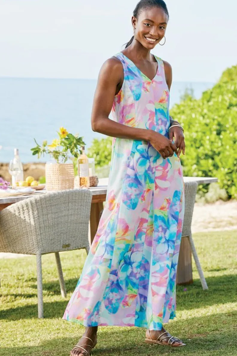 Vestido Largo Brenda de Entornos Suaves - Estampado Artístico Multifloral con Confección Ligera