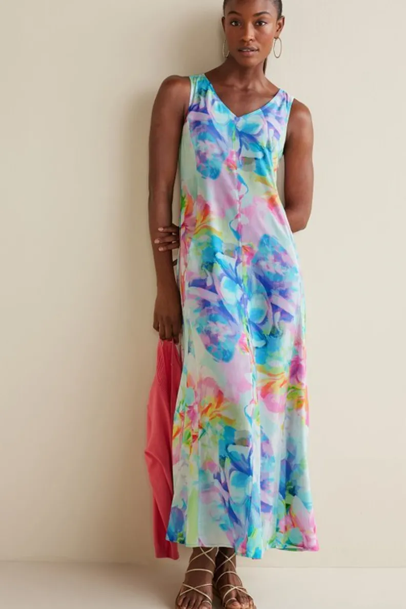 Vestido Largo Brenda de Entornos Suaves - Estampado Artístico Multifloral con Confección Ligera