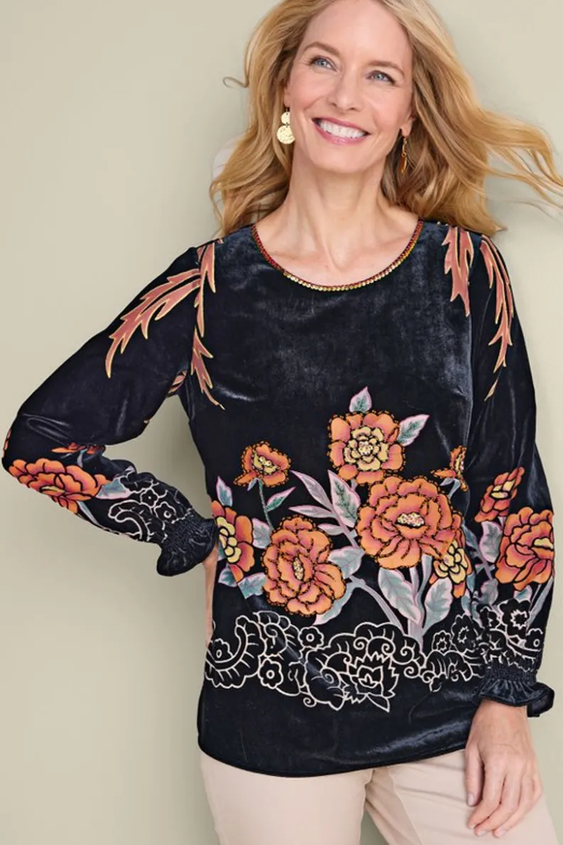 Blusa aterciopelada Brielle - Elegancia y confort en tonos multicolor negro | Colección Soft Surroundings