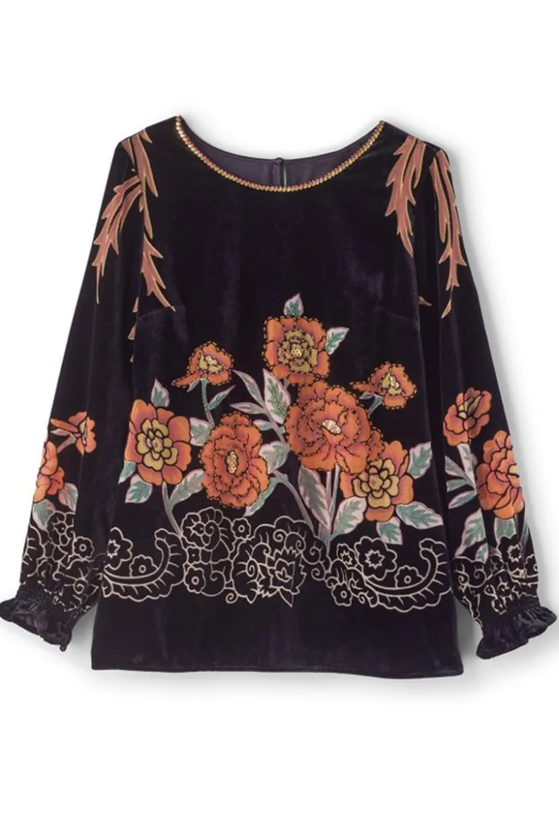 Blusa aterciopelada Brielle - Elegancia y confort en tonos multicolor negro | Colección Soft Surroundings