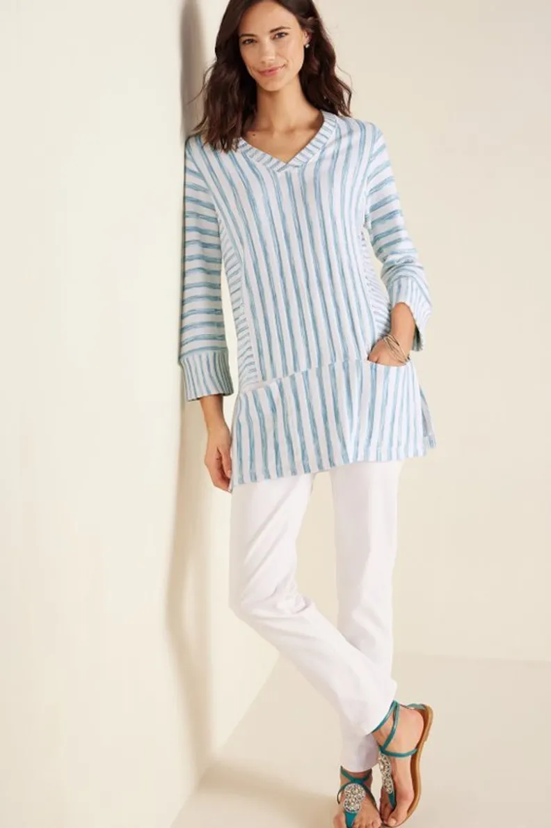 Túnica Brisa de Rayas en Chambray - Azul Marino y Blanco | Soft Surroundings