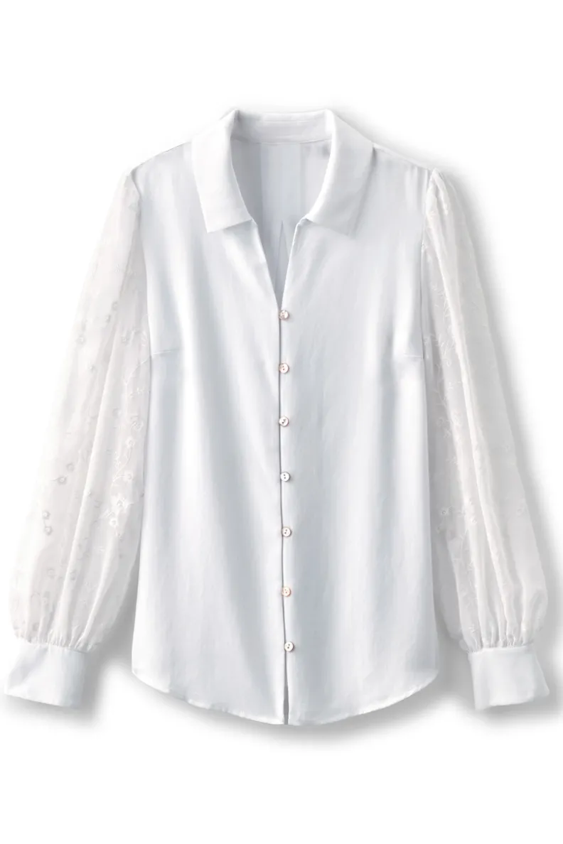 Camiseta blanca de mangas bordadas con diseño botánico Calathea - Soft Surroundings Collection