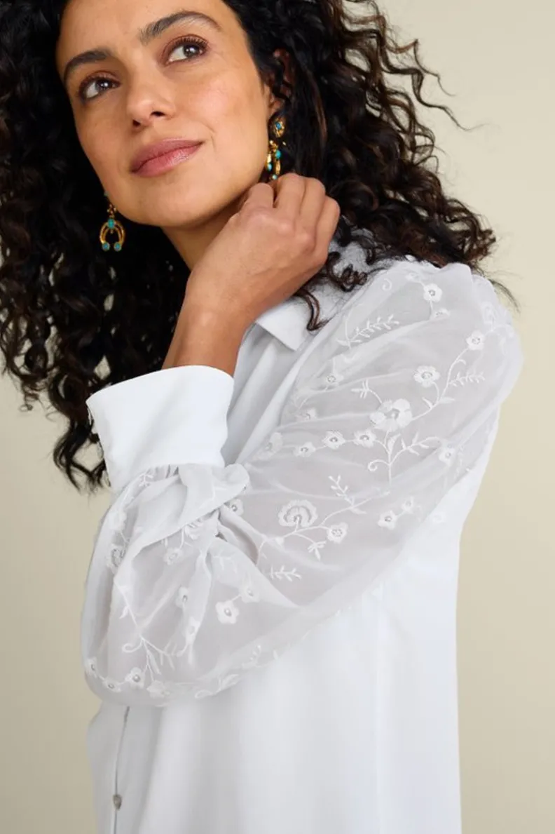 Camiseta blanca de mangas bordadas con diseño botánico Calathea - Soft Surroundings Collection