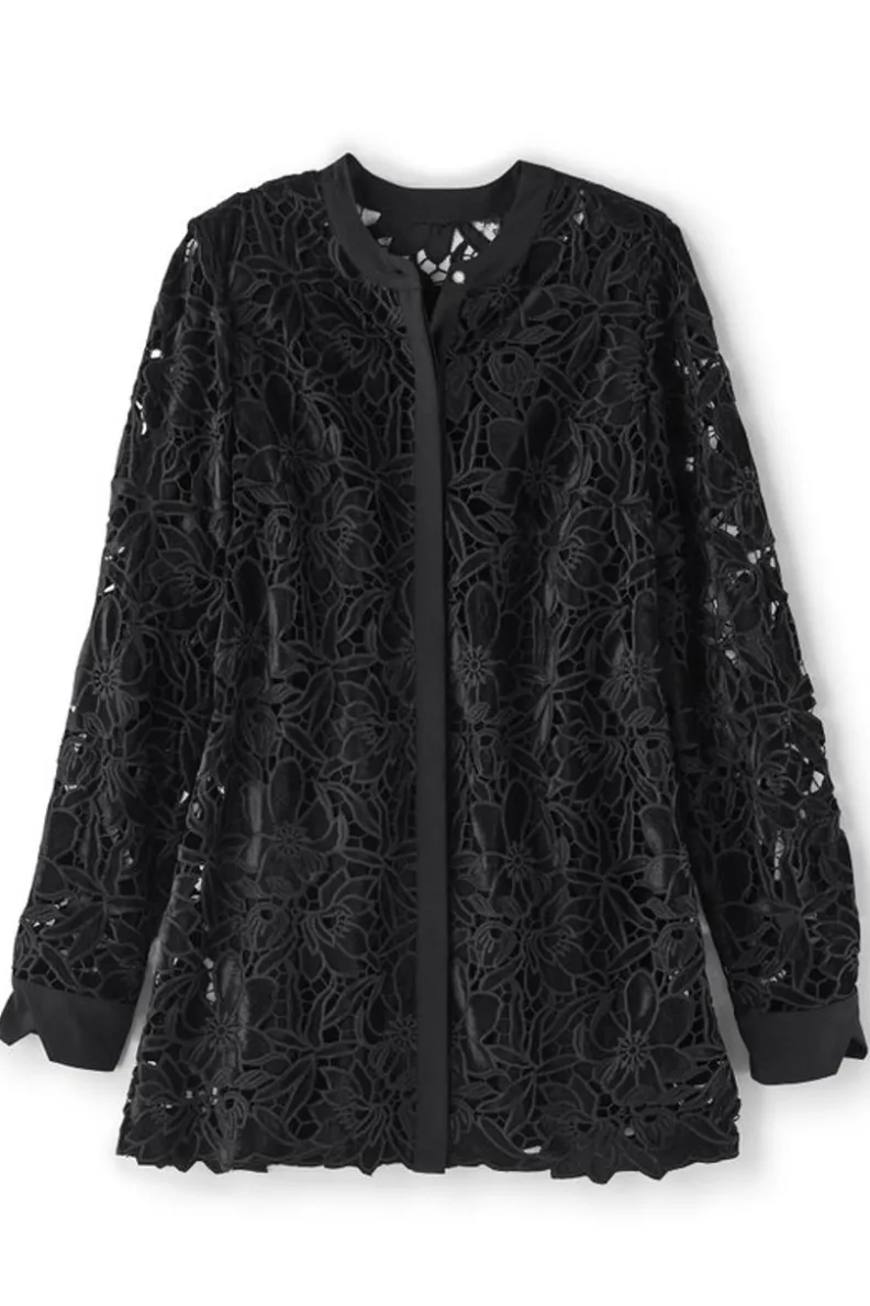 Tops Soft Surroundings: Túnica Candace en Terciopelo con Encaje Negro - Elegancia Casual con Detalles Artesanales