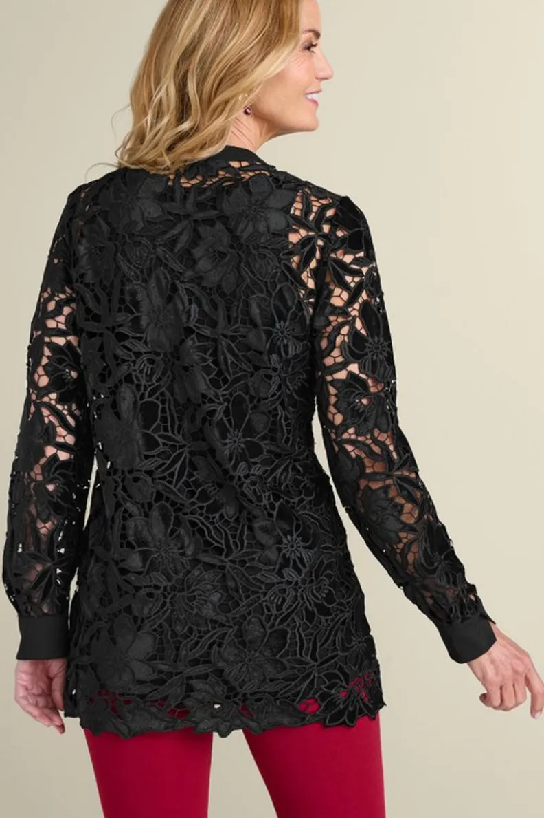Tops Soft Surroundings: Túnica Candace en Terciopelo con Encaje Negro - Elegancia Casual con Detalles Artesanales