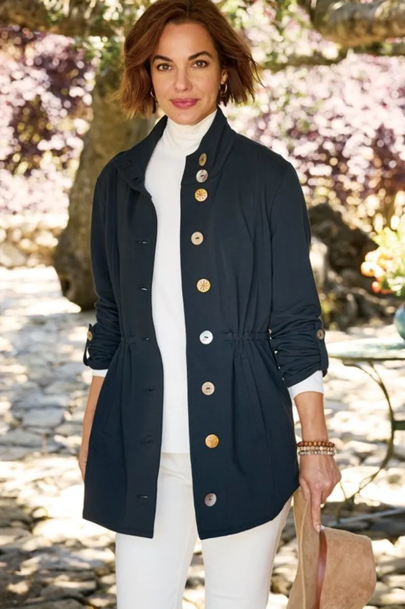 Chaqueta Caprice en French Terry Suave - Soft Surroundings, Abrigo Ligero de Temporada en Negro Ébano