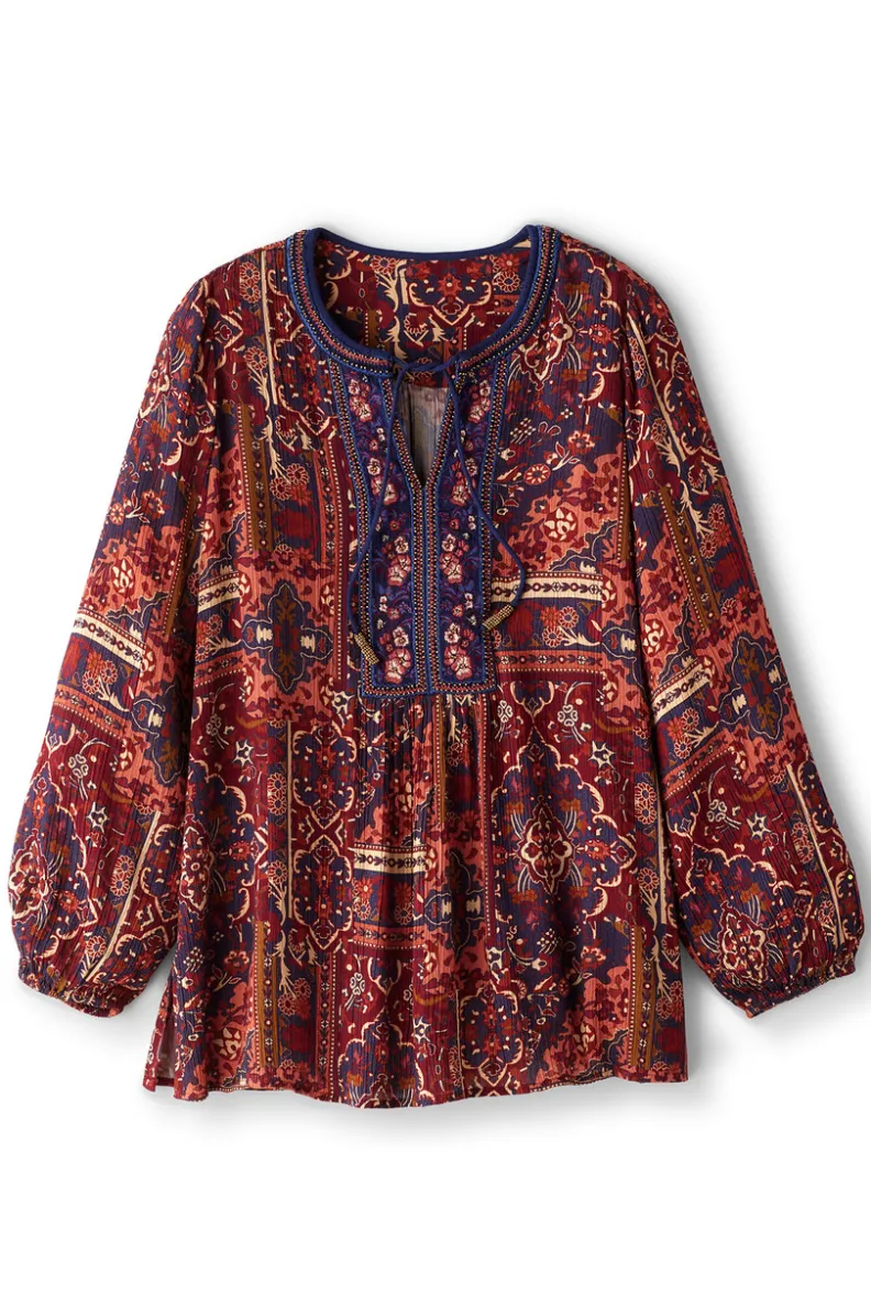 Blusa Elegante Cindra con Bordado Artesanal en Gasas Livianas - Diseño Bohemio Riviera en Tonos Borgoña y Patchwork de Soft Surroundings