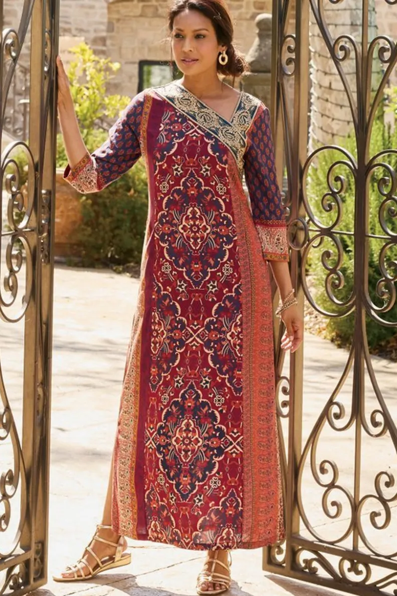 Vestido Largo Cindra de Soft Surroundings - Diseño Mosaico Otoñal en Tonos Tierra con Detalles Artesanales, Talla Grande y Confort Suave para Temporada de Transición