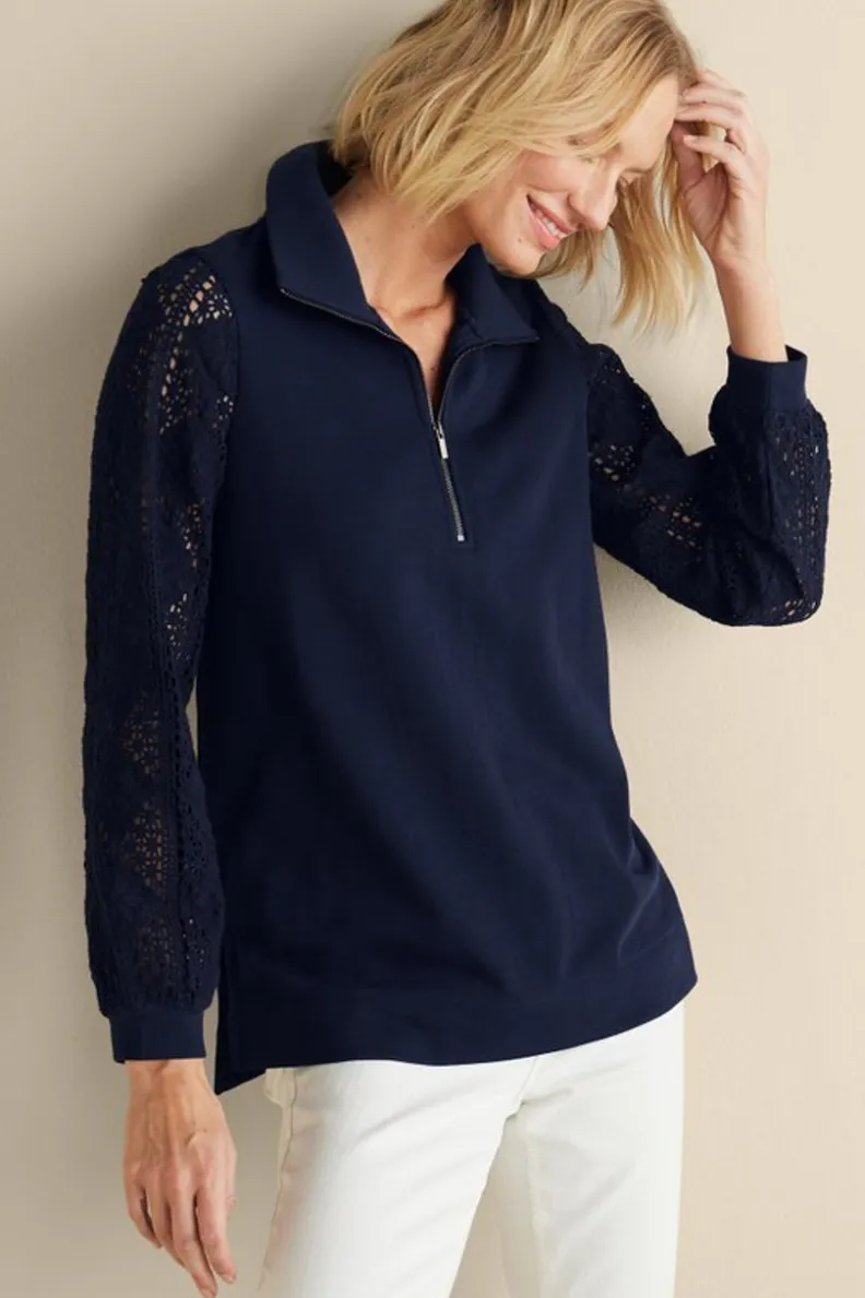 Túnica con mangas de ganchillo artesanal en felpa suave - Diseño exclusivo Tops Soft Surroundings para conforto elegante