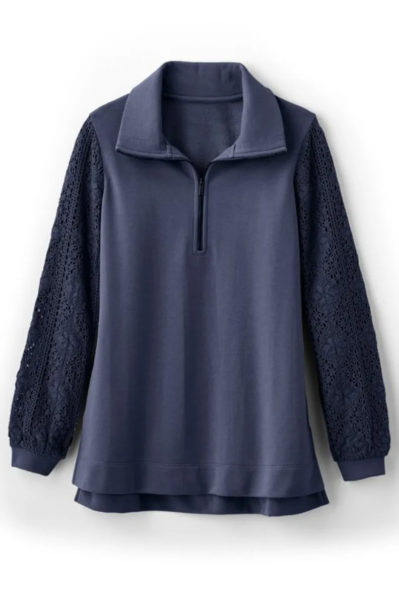 Túnica con mangas de ganchillo artesanal en felpa suave - Diseño exclusivo Tops Soft Surroundings para conforto elegante