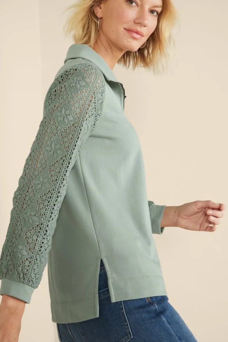 Túnica con mangas de ganchillo artesanal en felpa suave - Diseño exclusivo Tops Soft Surroundings para conforto elegante