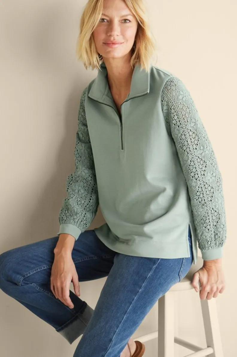 Túnica con mangas de ganchillo artesanal en felpa suave - Diseño exclusivo Tops Soft Surroundings para conforto elegante