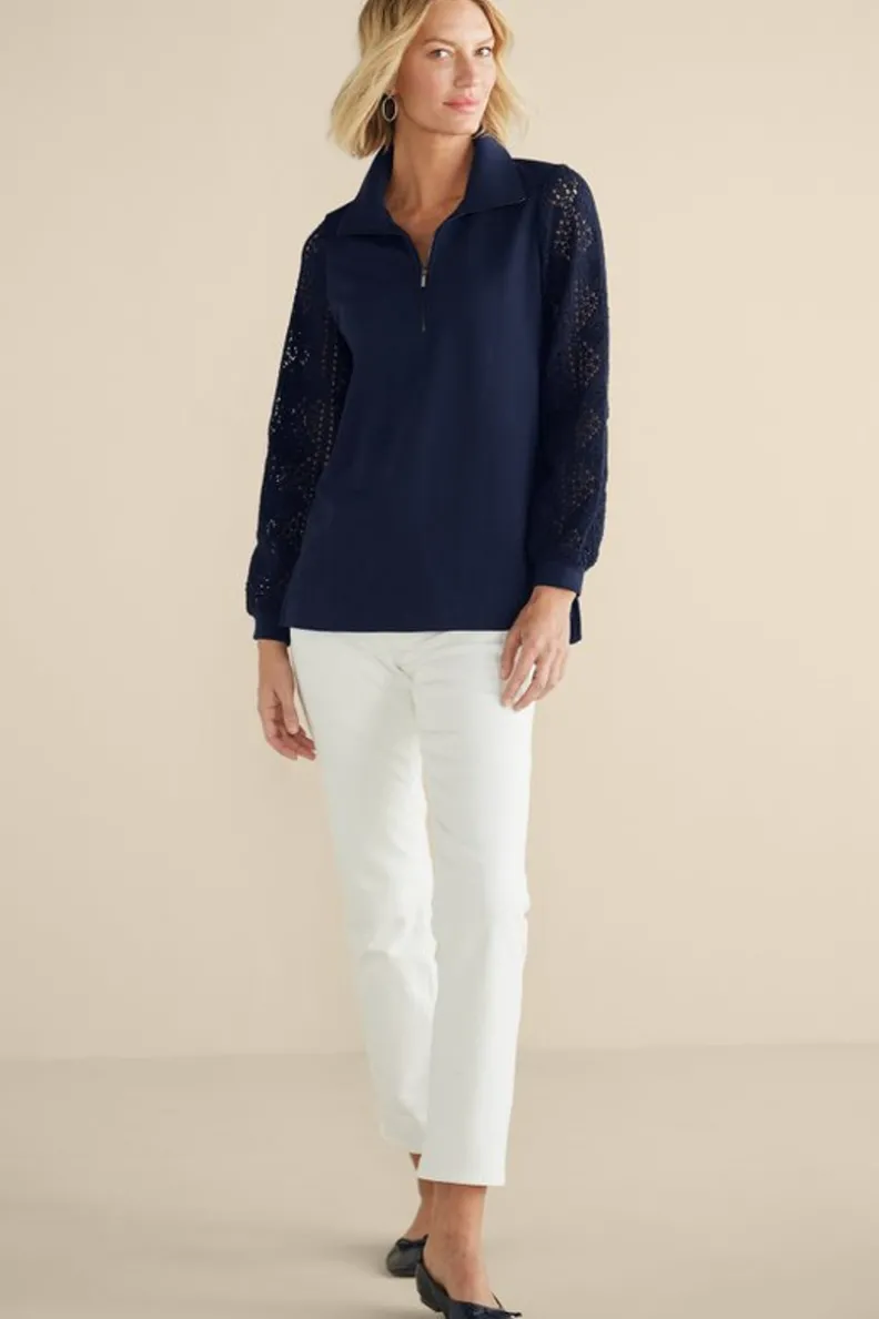 Túnica con mangas de ganchillo artesanal en felpa suave - Diseño exclusivo Tops Soft Surroundings para conforto elegante