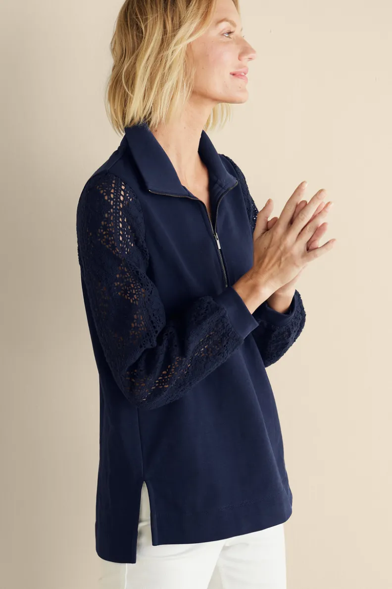 Túnica con mangas de ganchillo artesanal en felpa suave - Diseño exclusivo Tops Soft Surroundings para conforto elegante