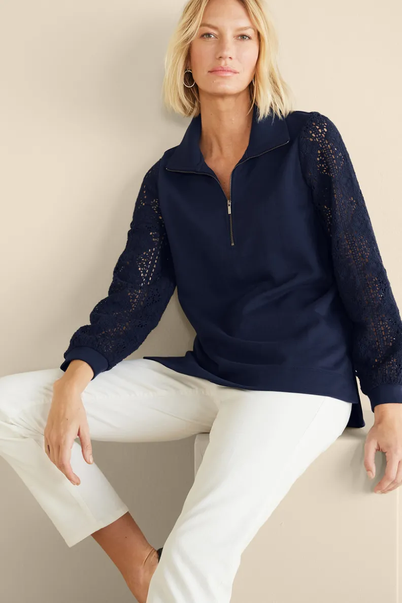 Túnica con mangas de ganchillo artesanal en felpa suave - Diseño exclusivo Tops Soft Surroundings para conforto elegante