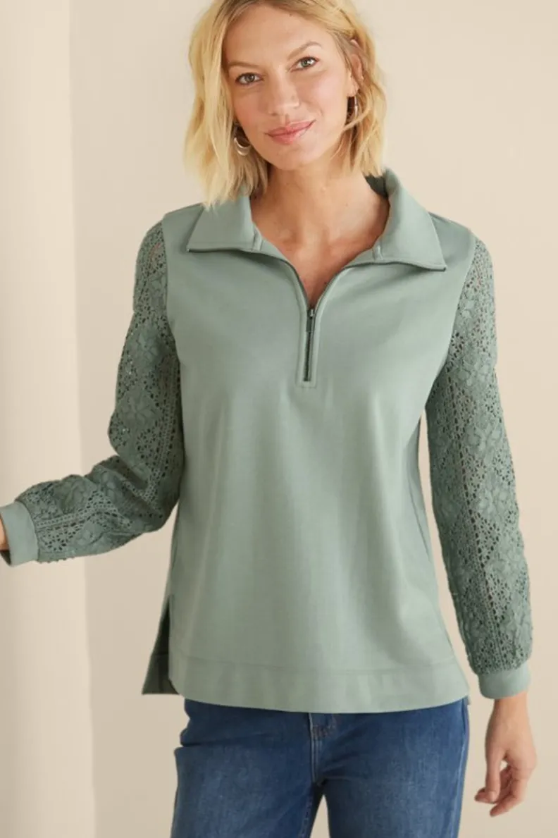 Túnica con mangas de ganchillo artesanal en felpa suave - Diseño exclusivo Tops Soft Surroundings para conforto elegante