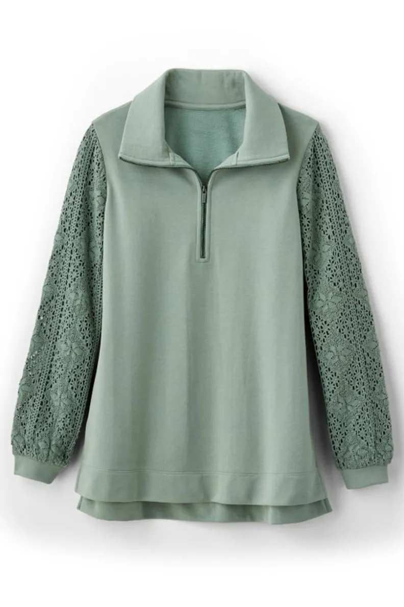 Túnica con mangas de ganchillo artesanal en felpa suave - Diseño exclusivo Tops Soft Surroundings para conforto elegante