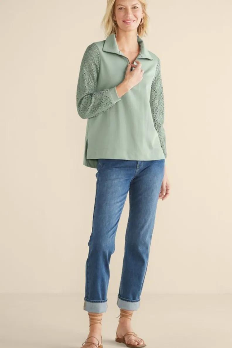 Túnica con mangas de ganchillo artesanal en felpa suave - Diseño exclusivo Tops Soft Surroundings para conforto elegante