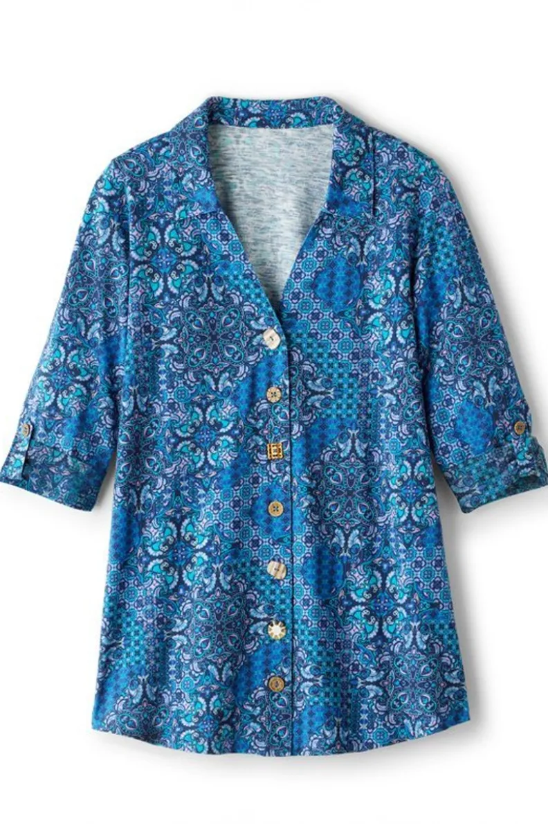 Túnica Danielle de Soft Surroundings - Blusa elegante con mangas 3/4 para combinar con leggings cómodos