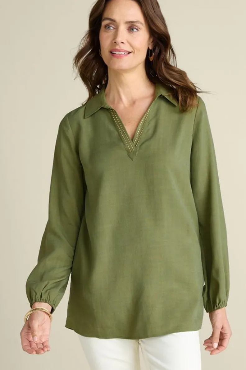 Blusa Tunica de Tencel Delaine™ en Verde Loden - Corte Relajado y Suave Textura por Soft Surroundings