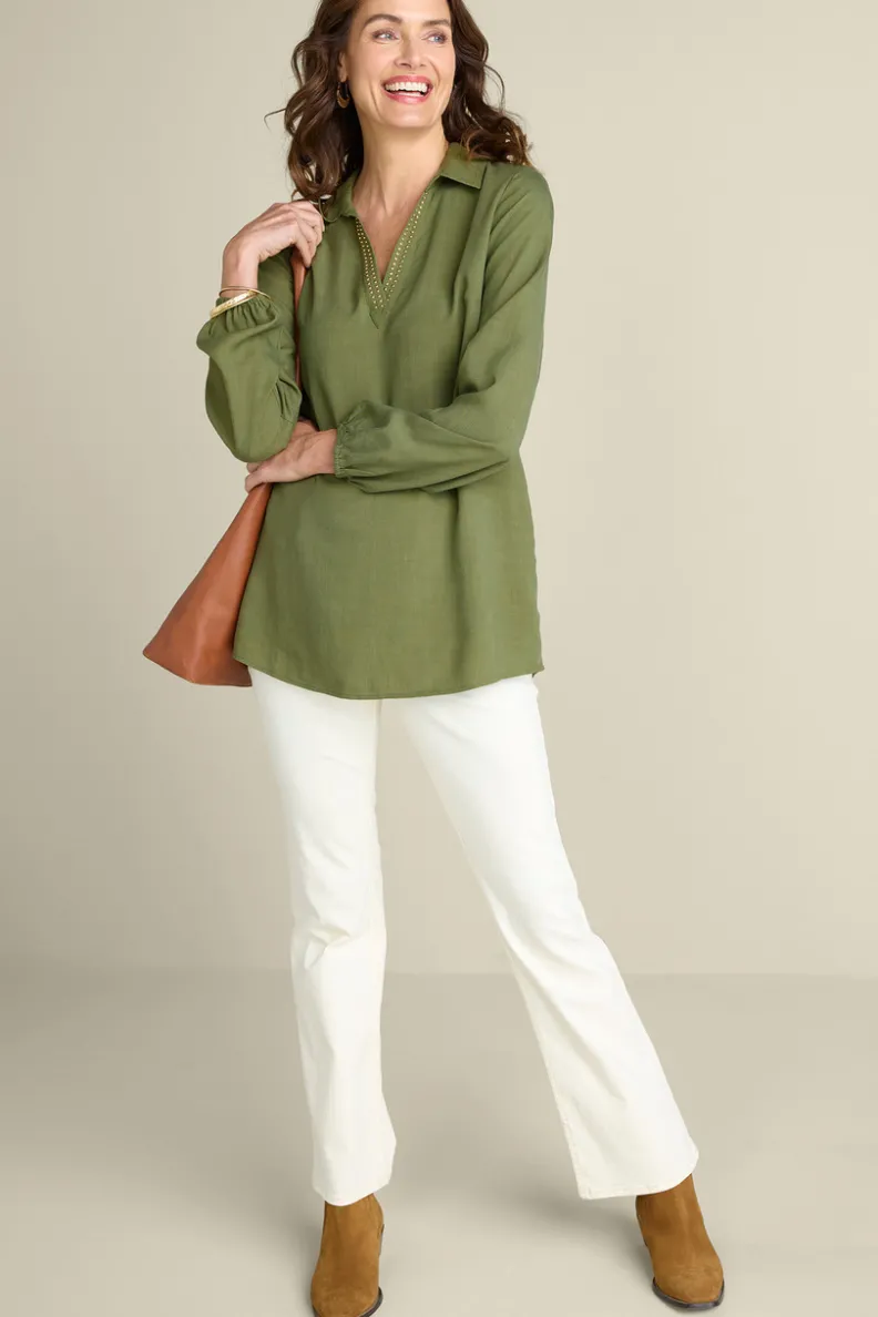 Blusa Tunica de Tencel Delaine™ en Verde Loden - Corte Relajado y Suave Textura por Soft Surroundings