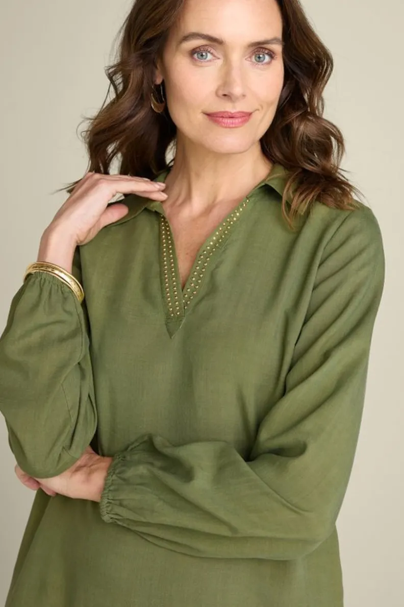 Blusa Tunica de Tencel Delaine™ en Verde Loden - Corte Relajado y Suave Textura por Soft Surroundings