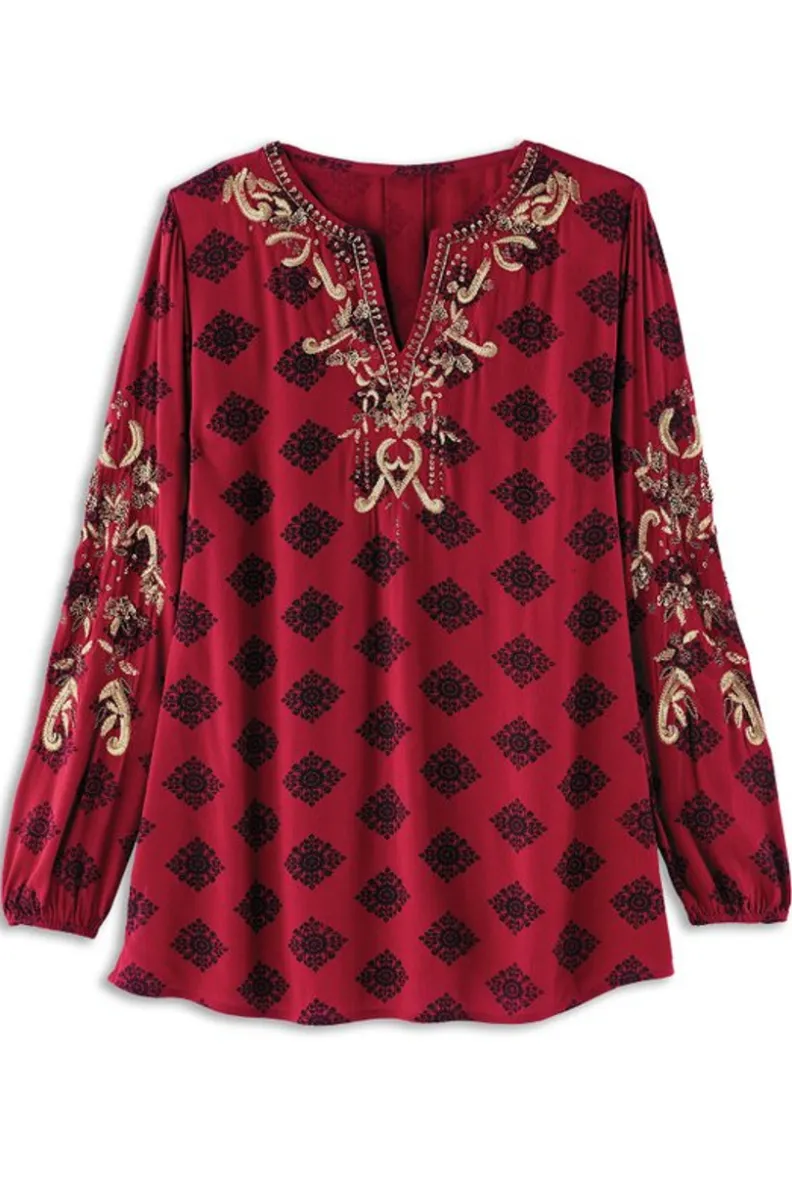 Blusa de diseño con bordados Eboni - Estampado ditsy foulard exclusivo de Soft Surroundings